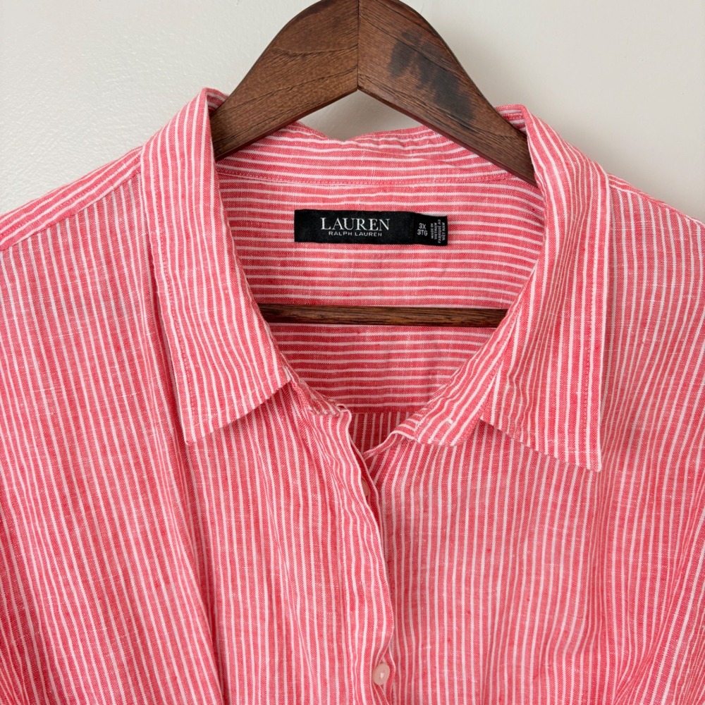Lauren Ralph Lauren Linen Striped Shirt Womens 3X Pink Red Cool Light Resort - Picture 2 of 8